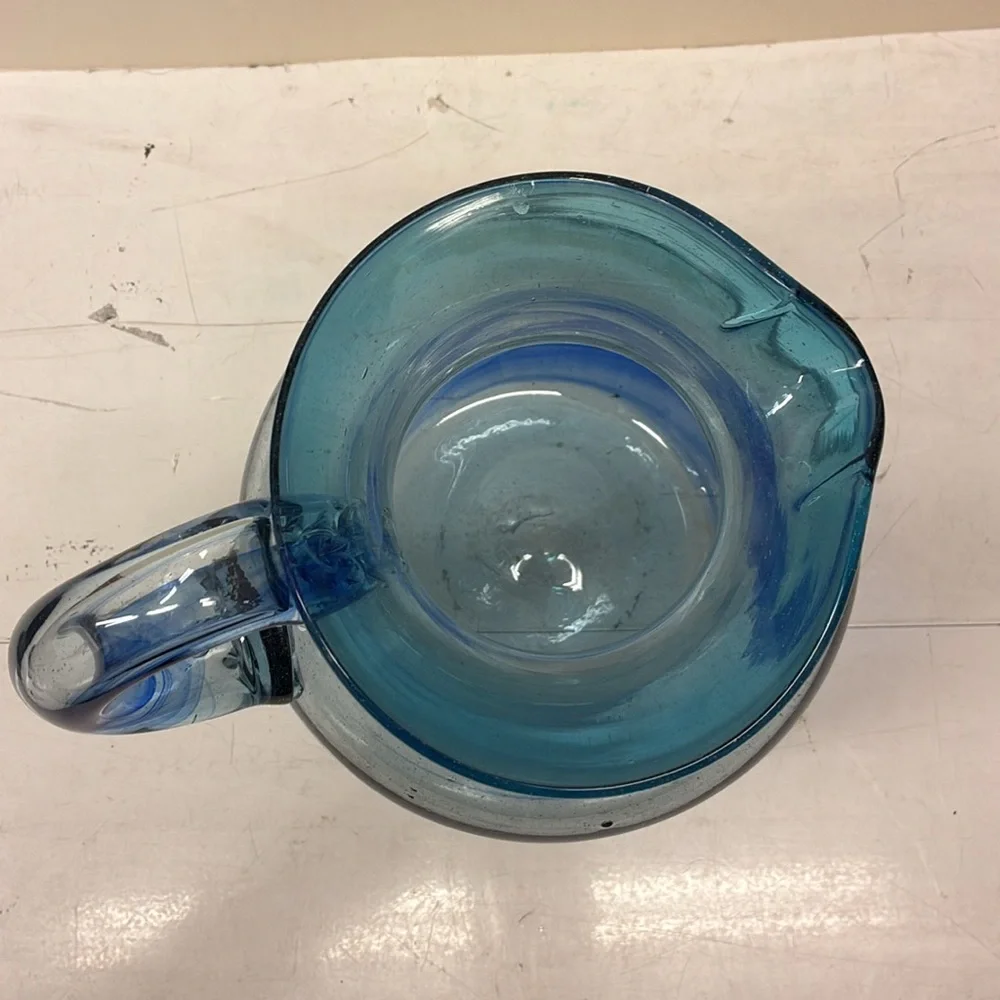 Hand Blown Blue Swirl Pitcher W/ Applied Handle Elegant Blue Glass Pitcher